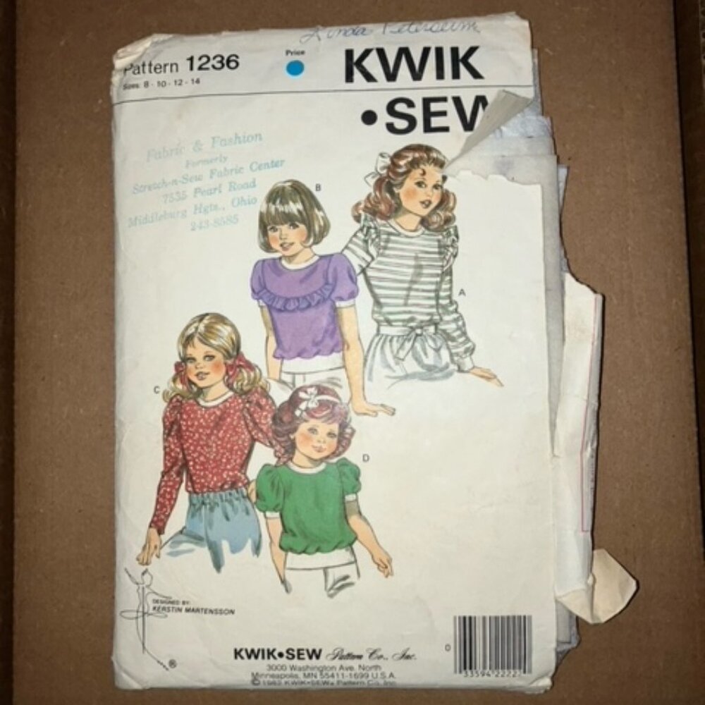 Kwik Sew Vintage pattern #1236 girls tops sizes 8-14 pre-owned BEING SOLD AS IS